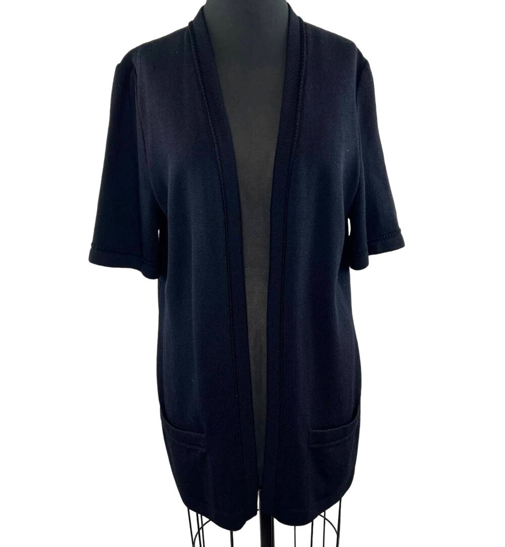 St John Basics Black Santana Wool Knit Open Front Duster Cardigan Large L FLAW